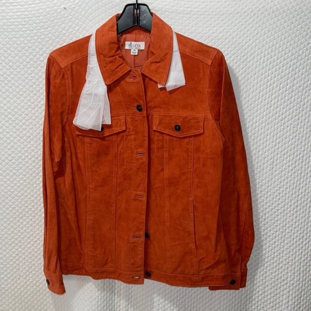 🧡 Denim & Co Button Front Washable Suede Leather Jean Jacket Size XS Orange
